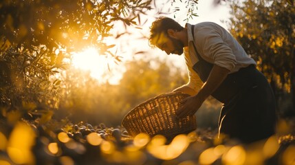 Poster - A Man Harvesting Olives Under the Golden Light of Sunset