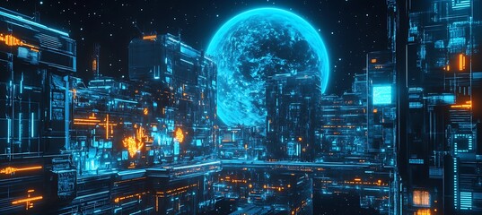 Poster - A holographic projection of a futuristic city at night, with glowing lights and flying cars 