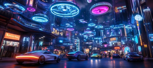 Poster - A holographic projection of a futuristic city at night, with glowing lights and flying cars 
