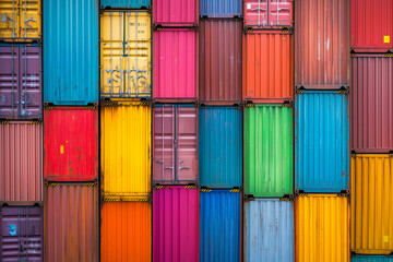 Vibrant container ships loaded with colourful cargo boxes, docked port