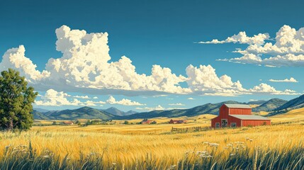 A red barn sits on a vast field of golden wheat, with mountains in the background and a blue sky with fluffy clouds.