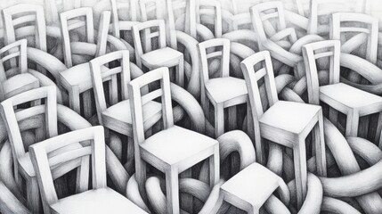 Poster - A drawing of a bunch of chairs surrounded by chains, AI