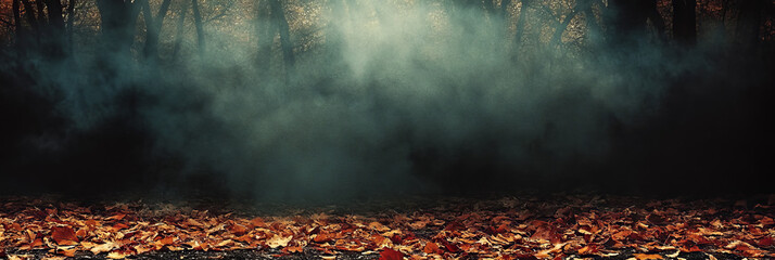 Wall Mural - Mysterious forest with fog and fallen leaves.