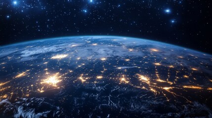 Canvas Print - Night planet view from space, light paths of communication connecting continents. Concept of global connections and technology. generative ai