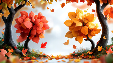 Wall Mural - Autumn leaves in shades of red and yellow fall from the trees.