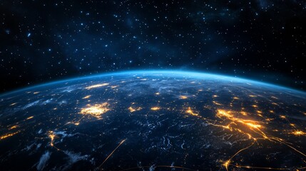 Canvas Print - Night planet view from space, light paths of communication connecting continents. Concept of global connections and technology. generative ai
