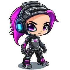 Poster - Cute chibi girl gamer with pink hair, headphones, and futuristic outfit. Anime style character for video game or esports logo