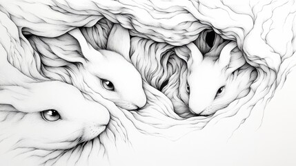 Poster - A drawing of three rabbits in a cave with one on top, AI