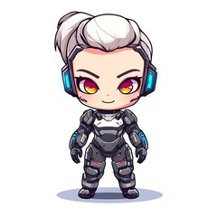 Wall Mural - Cute Chibi Female Gamer Character with Headphones and Armor