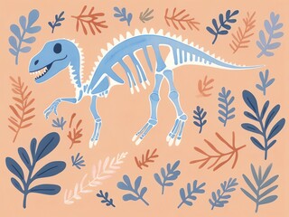 Poster - Dinosaur Skeleton Illustration with Leaves