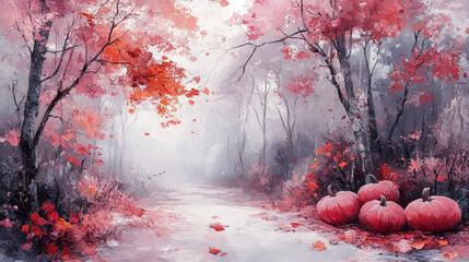 Sticker - Fall foliage and pumpkins in a misty forest.