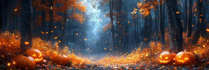 Poster - Spooky jack-o'-lanterns in a dark autumn forest.