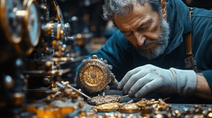 A senior watchmaker with a beard carefully repairs a vintage watch in his workshop.