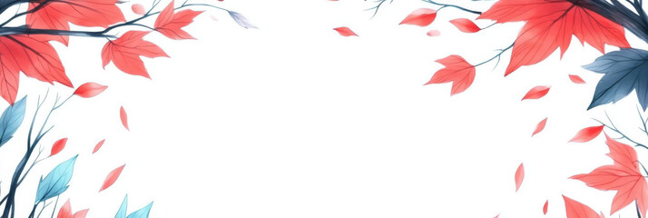 Poster - Red and blue leaves falling from branches on a white background.