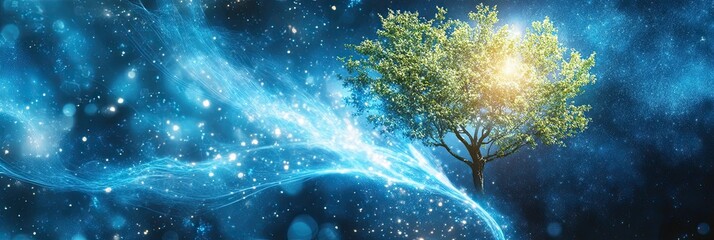 Aufkleber - Luminous Tree Surrounded by Swirling Lights and Vibrant Colors in a Cosmic Landscape at Night