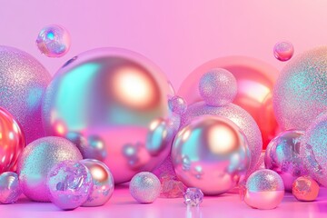 Poster - Shimmering Chrome Effect Abstract Shapes in a Vibrant Gradient Background