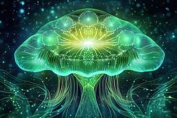 Aufkleber - Harmonious Jellyfish With Ethereal Colors and Sacred Geometry Floating in Space at Twilight