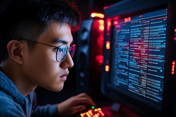 Poster - A person accessing a stolen database on the dark web, with a neon glow reflecting from the screen, representing the illegal trade of personal data