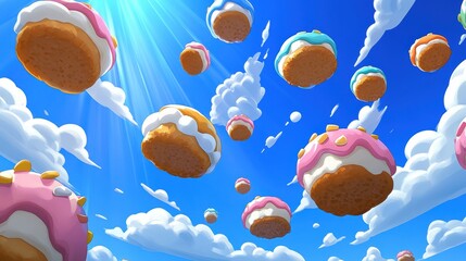 Canvas Print - A bunch of a lot of donuts flying in the sky, AI