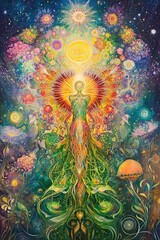 Poster - High Vibrational Greenery Jellyfish Floating in an Ethereal Cosmic Landscape of Sacred Geometry