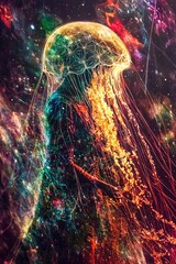 Aufkleber - Colorful Jellyfish Floating in a Cosmic Landscape Surrounded by Vibrant Patterns and Geometry
