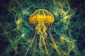 Poster - Ethereal Jellyfish Floating Through a Cosmic Landscape With Radiant Colors and Sacred Geometry