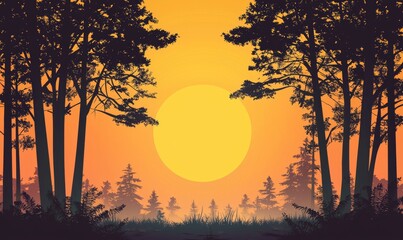 Wall Mural - This modern flat minimalistic illustration depicts a sunset forest