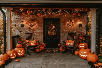 Wall Mural - Front porch decorations, pumpkins and jack-o-lanterns for Halloween, flowers and chairs, gray and white, seasonal decorations