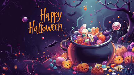 A cauldron overflowing with candy and potion ingredients, with 