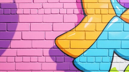 Canvas Print - A colorful mural on a brick wall with an orange, yellow and blue object, AI