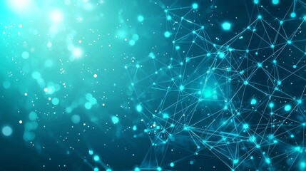 Wall Mural - A blue green technology background with a grid of connected particles and artificial neurons and global data connections. Stock image