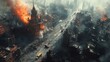 © zulie - An aerial view of a city destroyed by war, with smoke and flames rising from the buildings.