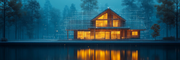 Poster - Modern house with glowing windows at night, with a blueprint overlay.