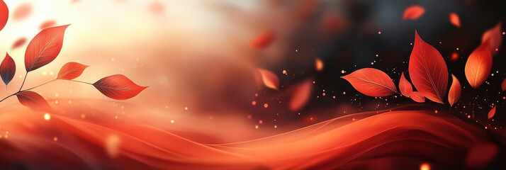 Wall Mural - Abstract autumn background with red leaves and glowing lights.