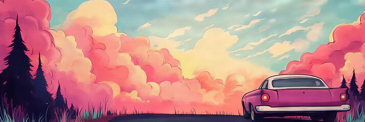 Wall Mural - Pink clouds fill the sky as a vintage car drives down an empty road.