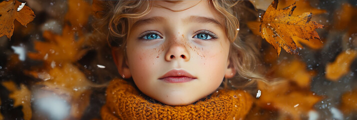 Canvas Print - Young girl with blue eyes looks up through falling autumn leaves.