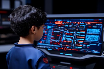 Poster - A person standing in front of a high-tech computer with data streams overwhelming the screen, symbolizing the challenge of managing information overload in a digital future
