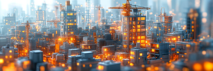 Sticker - Futuristic city with glowing windows at dusk.