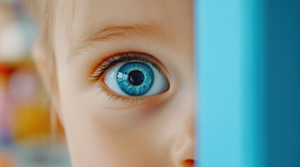 Wall Mural - A close up of a baby's blue eyes looking through the bars, AI