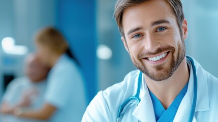 Wall Mural - A man in a white coat smiling while standing next to another person, AI