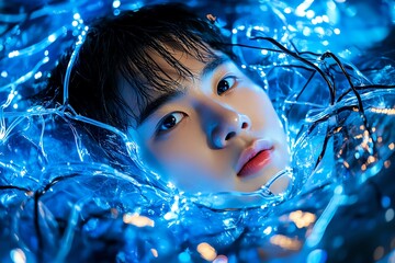 Aufkleber - A person trapped in a tangled web of wires and data streams, symbolizing the challenge of managing overwhelming amounts of information in a digital future