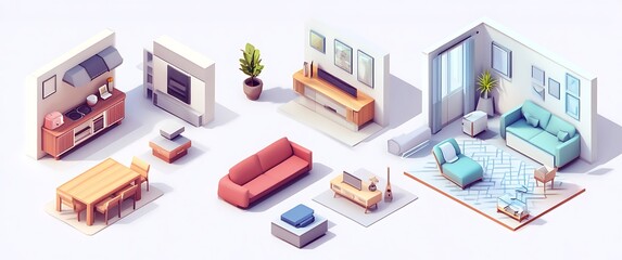 Canvas Print - Isometric 3D Illustration of Modern Apartment Interior Design with Kitchen, Living Room, and Bedroom