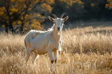 White goat standing in golden sunlit field