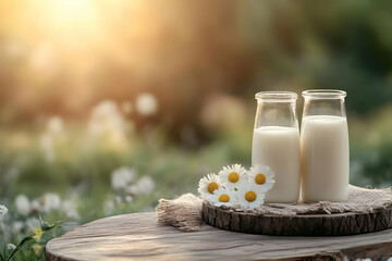 Sticker - Fresh Milk Bottles with Daisies on Rustic Table Photo