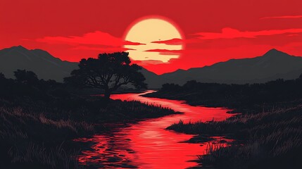 Wall Mural - Red Sunset Over River and Mountains in Silhouettes