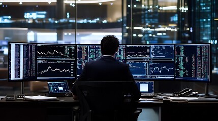 Poster - A financial analyst studying market data on multiple monitors in a modern office