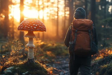 Poster - Backpacker admiring a giant red and white mushroom at sunset in the woods