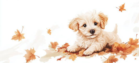 fluffy puppy fall leaves white background