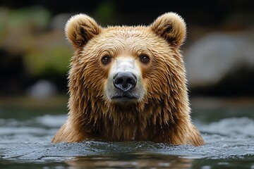 Wall Mural - close up portrait of a brown bear swimming in the water, looking directly at the camera