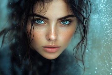 Canvas Print - Closeup portrait of beautiful woman with green eyes and wet hair, looking at camera, fantasy or mystical style